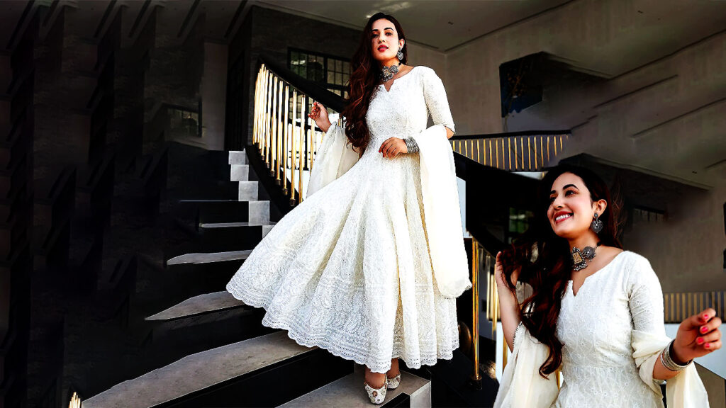 Indian Clothing Malishka Women's White Cotton Chikankari Gown