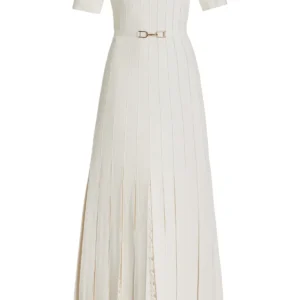 Kurt Pleated Knit Dress in Ivory Merino Wool