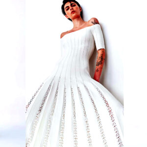 Kurt Pleated Knit Dress in Ivory Merino Wool